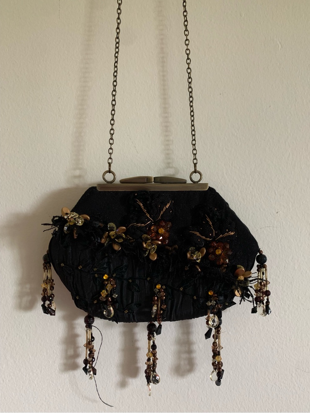 Vintage Mary Frances Black Embellished Floral Beaded Tassel Fringe Evening Bag